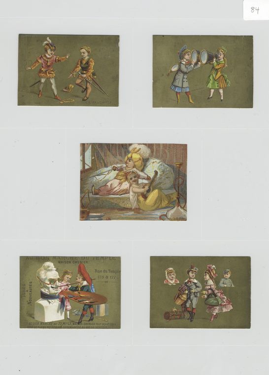 Trade cards depicting children : traveling, painting a sculpture, sitting on pillows, playing an instrument, with swords and binoculars.