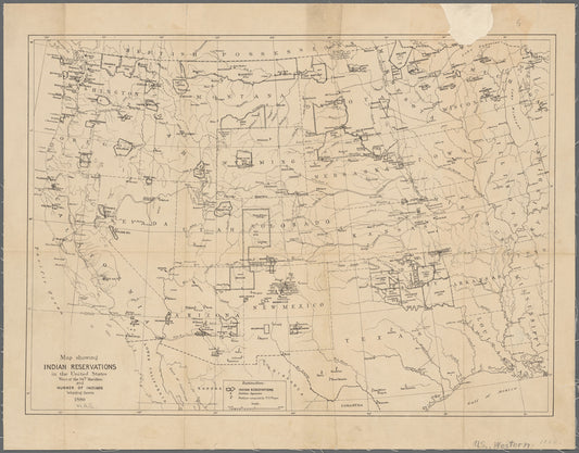 Map showing Indian reservations in the United States west of the 84th meridian and number of Indians belonging thereto, 1880
