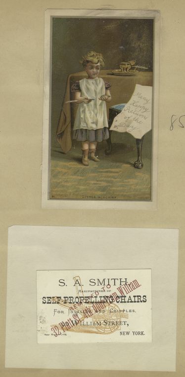 A card entitled 'little mischief' and a business card for a wheelchair company