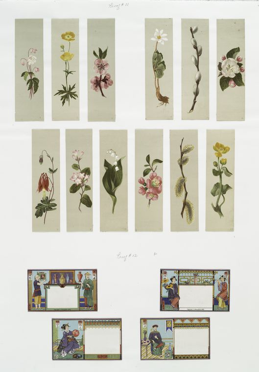 Cards with botanical illustrations and Asian scenes.