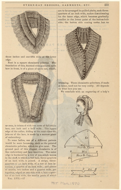 Collars with embroidery and lace insertions ; Patterns for women's bonnet