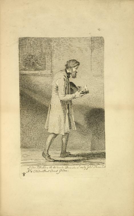 Man walking and reading a book.