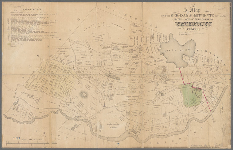 A map of the original allotments of land and the ancient topography of Watertown [proper]