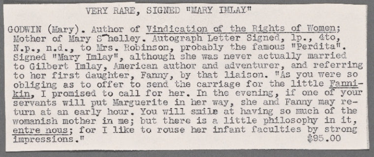 Autograph letter signed to Mary Robinson, [circa late 1796]