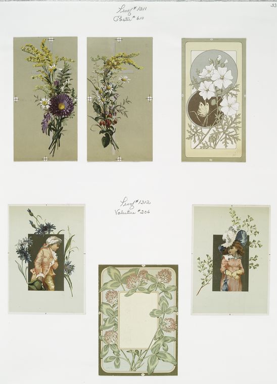 Easter cards and Valentines depicting young girl and boy, with flowers and butterflies as ornamentation.