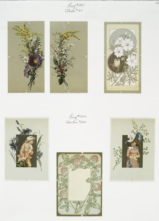 Easter cards and Valentines depicting young girl and boy, with flowers and butterflies as ornamentation.