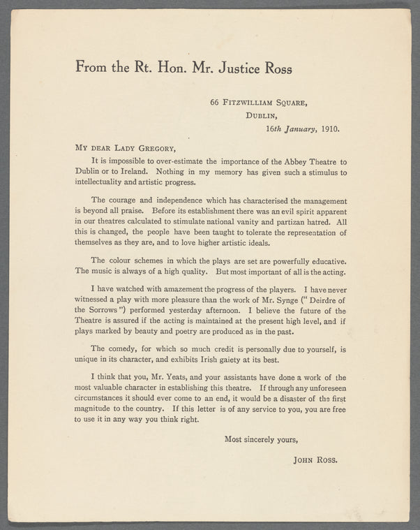 Letter from the Rt. Hon. Mr. Justice Ross