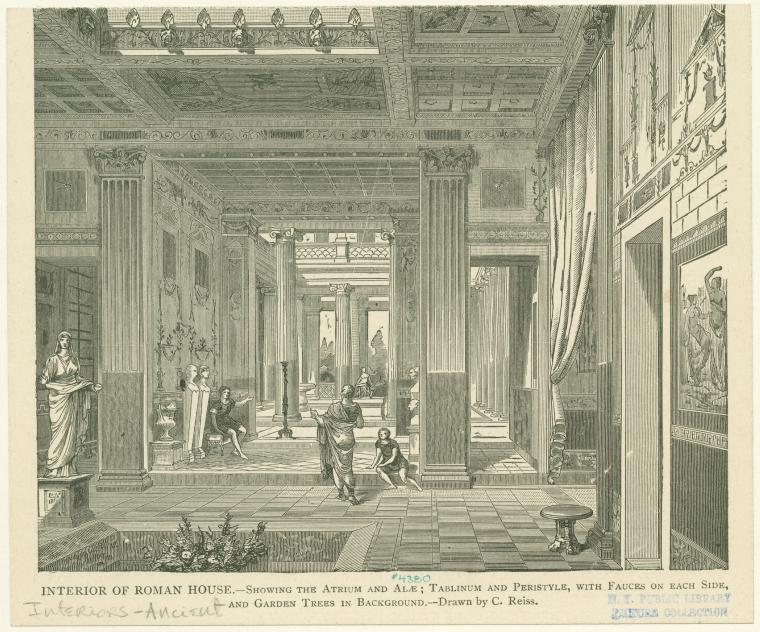 Interior of a Roman house showing the atrium and alae ; tablinum and peristyle, with fauces on each side, and garden trees in background