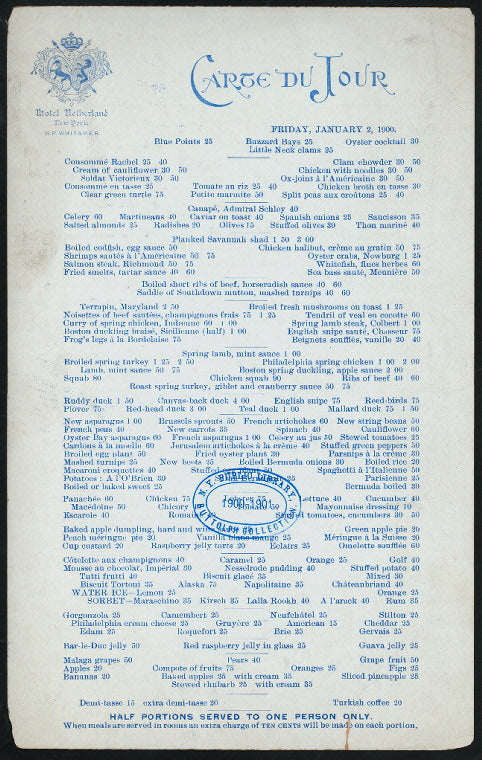 CARTE DU JOUR [held by] NETHERLAND HOTEL [at] "NEW YORK, NY" (HOTEL)