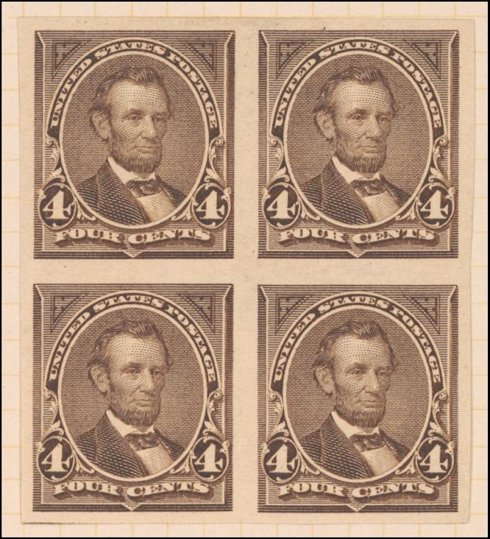 4c dark brown Lincoln proof block of four