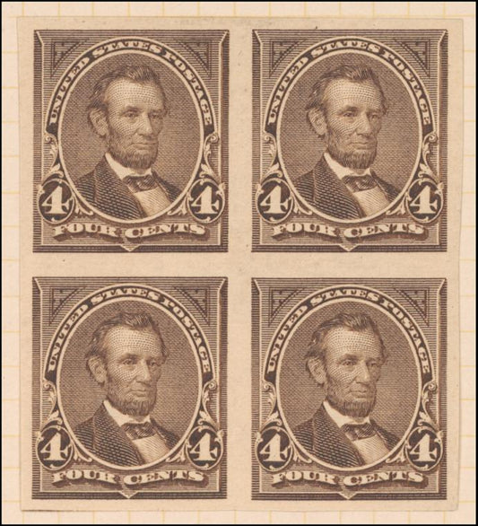 4c dark brown Lincoln proof block of four