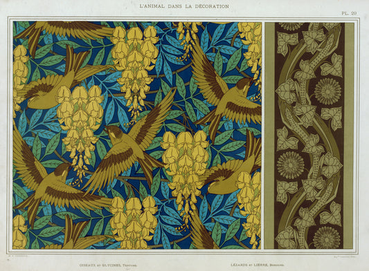 Oiseaux et glycines, tenture. Lézards et lierre, bordure.