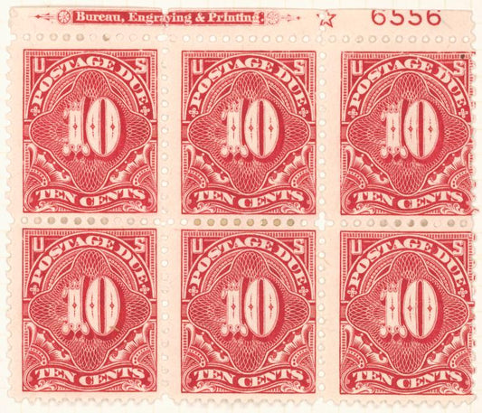 10c carmine rose Postage Due block of six