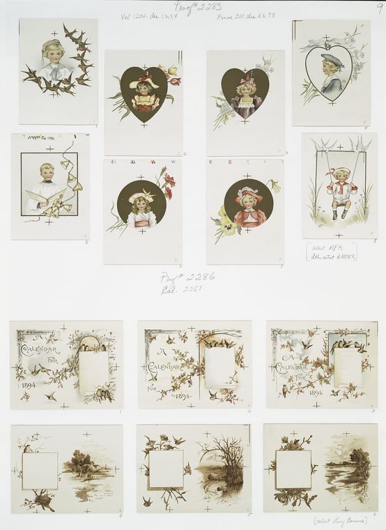Valentines, Christmas cards and calendars for 1894 depicting children, hearts, lockets, swings, flowers, bells, birds, hats, landscapes, trees, houses and holly.