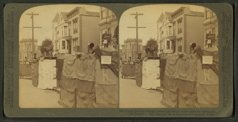Street kitchens jokingly named for famous hotels, after the earthquake, San Francisco, Cal.