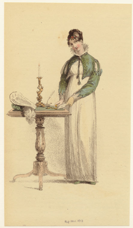 English woman sealing a letter at a table