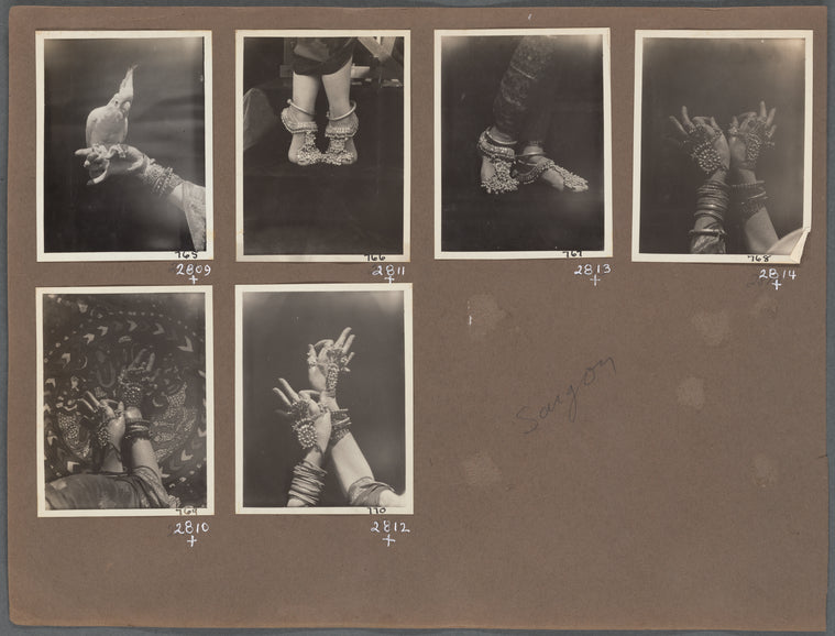 Six images of Ruth St. Denis's jeweled hands and feet