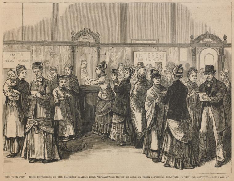 New York City—Irish depositors of the Emigrant Savings Bank withdrawing money to send to their suffering relatives in the old country