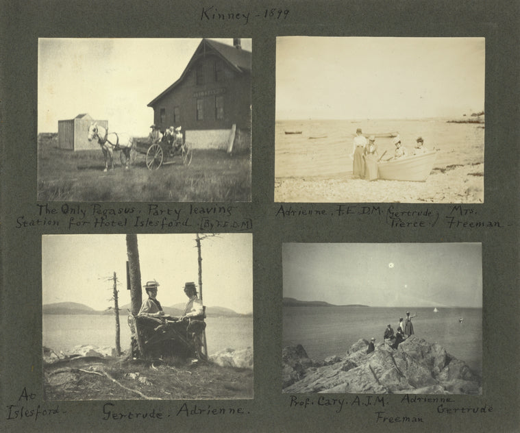 Kinney 1899: The only pegasus. Party leaving station for Hotel Islesford [by F.E.D.M.]; Adrienne, F.E.D.M., (Gertrude Pierce), Mrs. Freeman; At Islesford, Gertrude, Adrienne; Prof. Cary, A.J.M., Freeman, Adrienne, Gertrude.