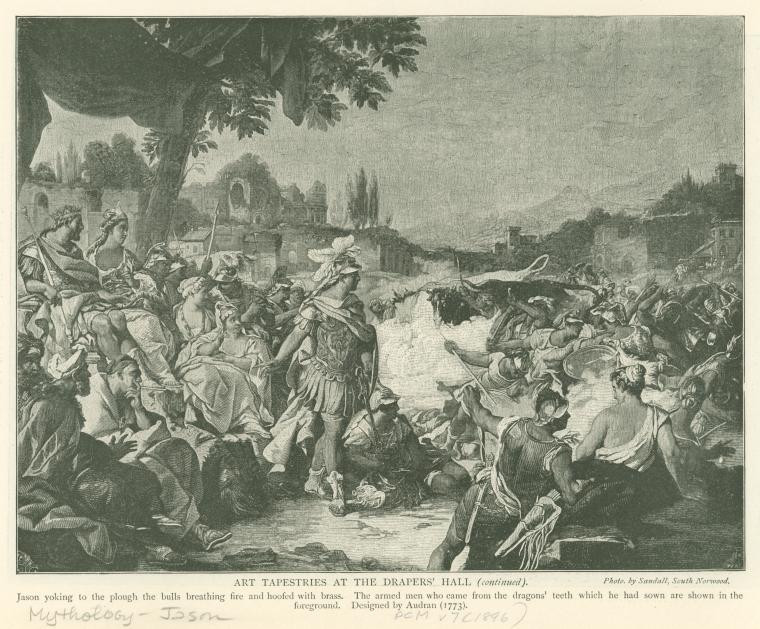 Jason yoking to the plough the bulls breathing fire and hoofed with brass.  The armed men who came from the dragons' teeth which he had sown are shown in the foreground