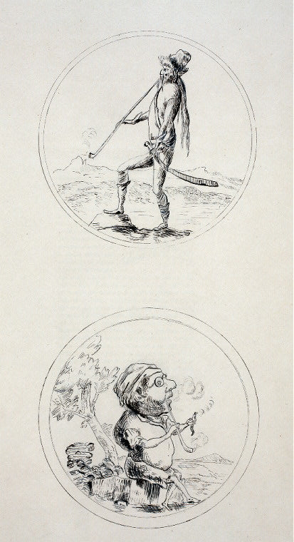 Figure with sword and long hair, smoking; Figure with oversized head, wearing glasses, smoking