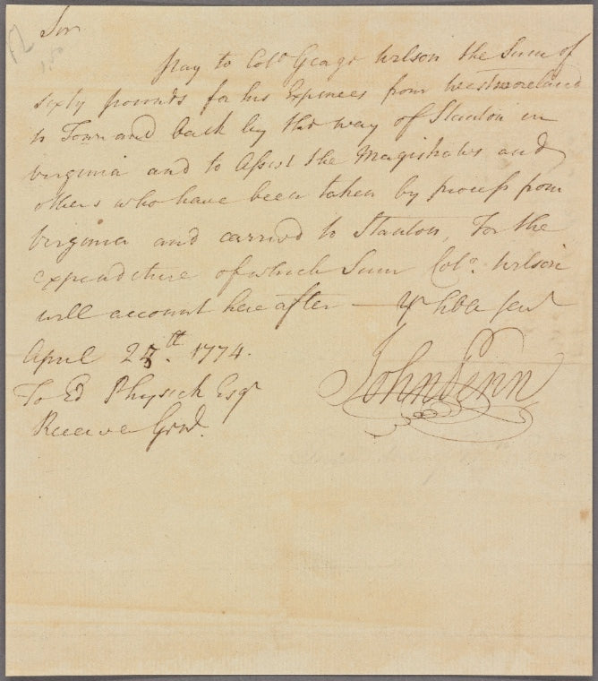 Letter to Edmund Physick, Receiver Gen'l
