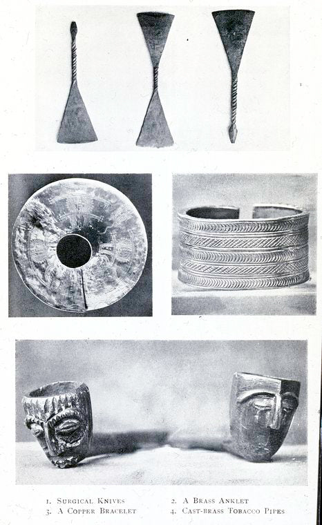 1. Surgical knives ; 2. A brass anklet ; 3. A copper bracelet ; 4. Cast - brass tobacco pipes.