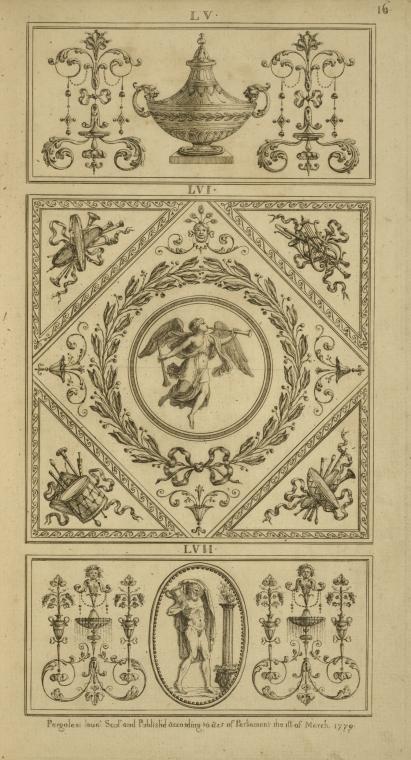 Central design of garland with angel blowing trumpets
