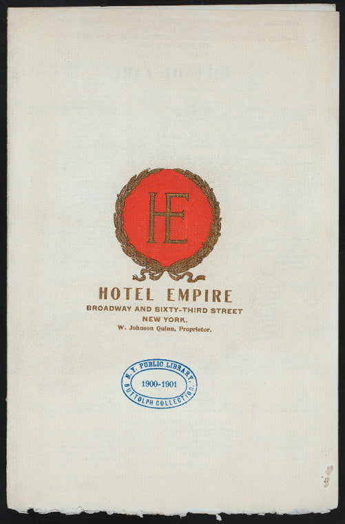 DAILY BILL OF FARE [held by] HOTEL EMPIRE [at] "BROADWAY AND SIXTY-THIRD STREET, NEW YORK, [NY]" (HOTEL;)