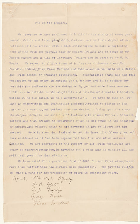 O'Grady, Standish. The Celtic theatre. Typescript (copy) of proposal