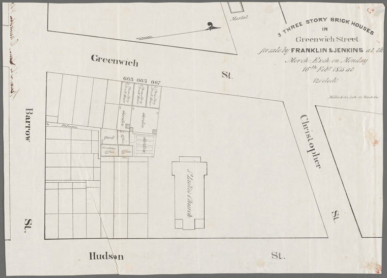 3 three story brick houses in Greenwich Street for sale by Franklin & Jenkins at the Merch. Exch. on Monday, 16th Feby., 1835, at 12 o'clock