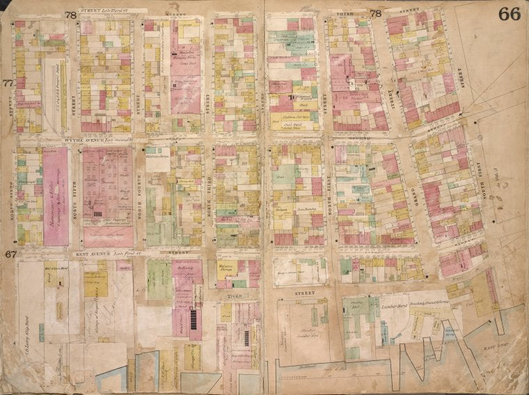 Brooklyn, Vol. 4, Double Page Plate No. 66; [Map bounded by 3rd St., South 1st St., East River, River St., Kent Ave., Including North 6th St., North 5th St., North 4th St., North 3rd St., North 2nd St., North 1st St., Grand St., Wythe Ave.]