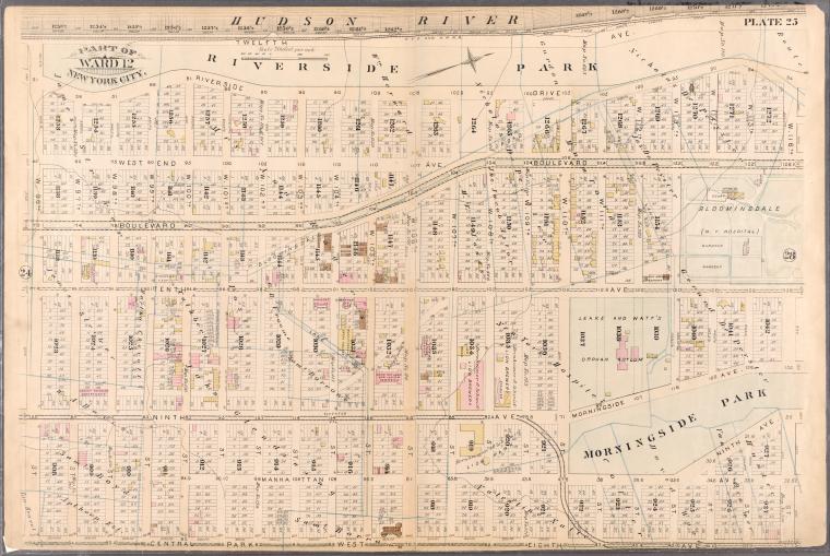 Plate 25: Bounded by Hudson River (Twelfth Avenue), W. 116th Street, Boulevard, 113rd Street, Tenth Avenue, W. 116th Street, Eighth Avenue, Central Park West, and W. 96th Street.