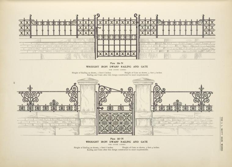 Wrough iron dwarf railing and gate. [Plates 386-N and 387-N].