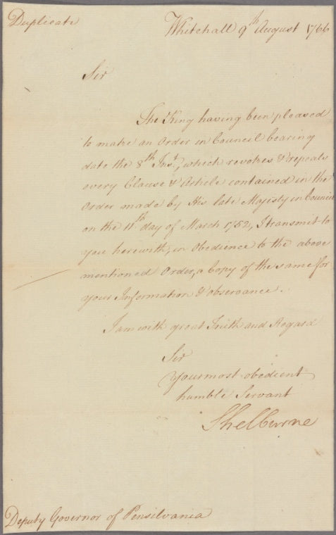 Letter to [John Penn] Deputy Governor of Pennsylvania