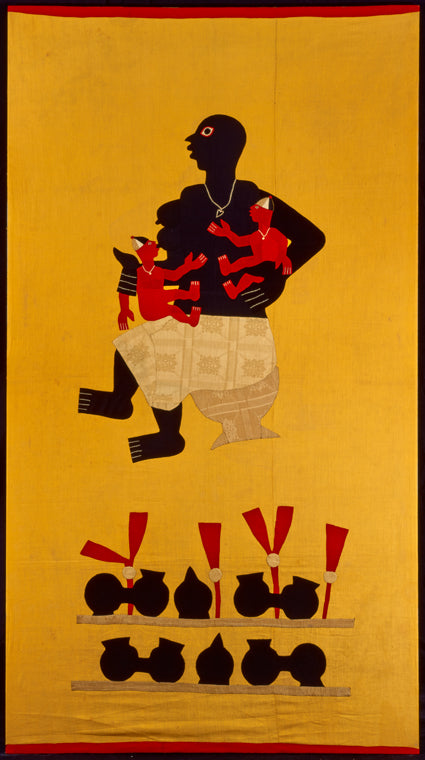 Fon (Dahomey) appliqué, of a seated woman nursing two babies