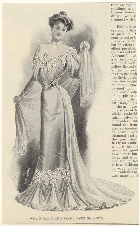 White satin and pearl evening gown
