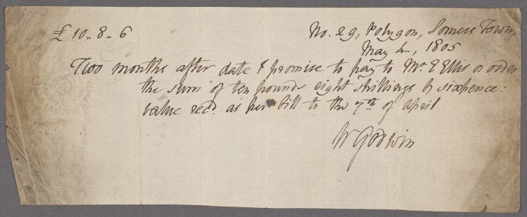 Autograph promissory note signed to E. Ellis, 4 May 1805