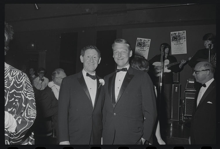 Jack Gilford and Mike Nichols at opening night of the stage production Cabaret