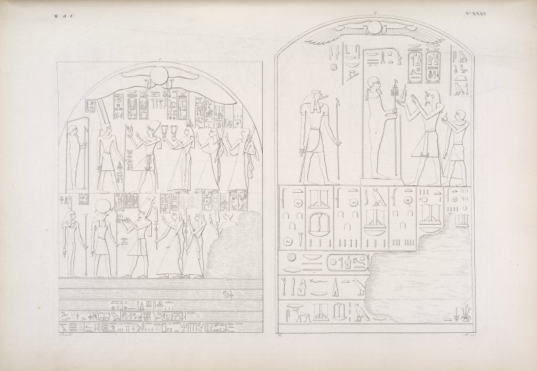 Il medesimo Menphtah II viene ad offerire con la moglie e coi figli, ad Amon-rê ed a Phtah [Ptah]; a Phrê [Ra] e a Tme. - Ramses III, con un figlio, offre a Phtah e a Sevek [Sobek].