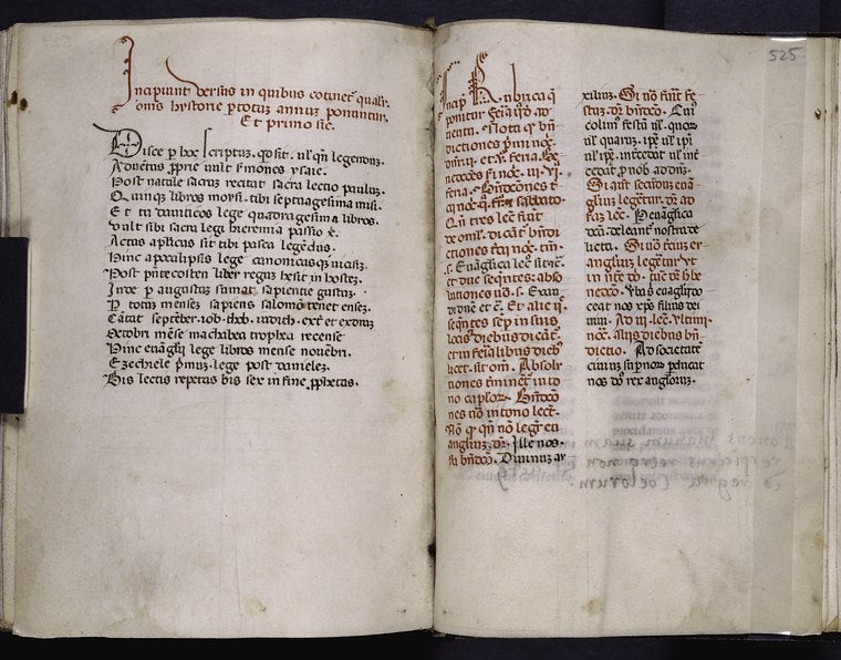 On f. 524v, mnemonic verses on the readings for the liturgical year, Disce per hoc scriptum, quid sit vel quando legendum (H. Walther, Initia carminum 4536)