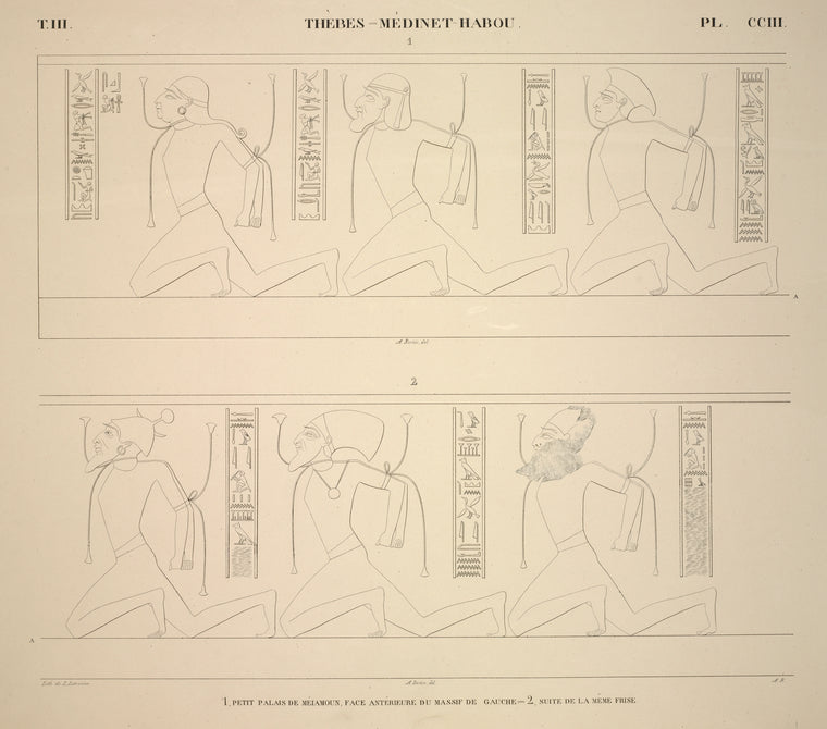 Thèbes, Médinet-Habou [Thebes, Medinet Habu]. 1. Petit palais de Méiamoun, face antérieure du massif de gauche; 2. Suite de la même frise.