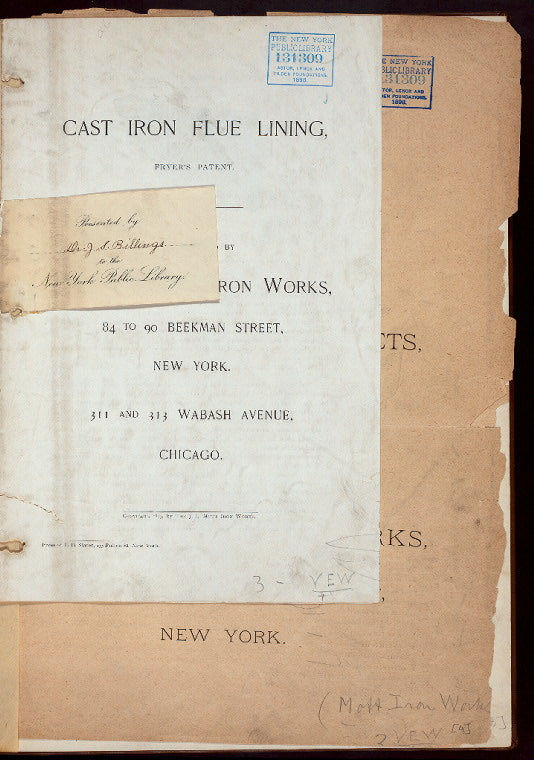 Cast iron flue lining - Opening page pasted with Dr J. S. Billing's presentation slip.