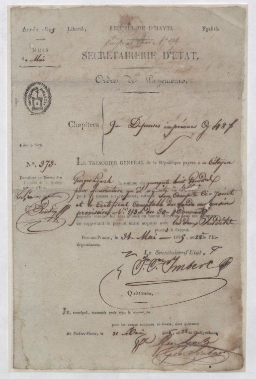 Haitian Secretary of State, to the General Treasurer concerning unforeseen (non-budgeted) expenses