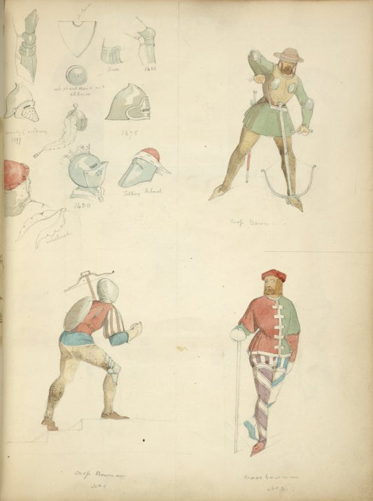 Helmets and various other pieces of armor 1400, 1397, 1475, 1480; Cross bowman; Cross bowman no. 1; Cross bowman no. 2