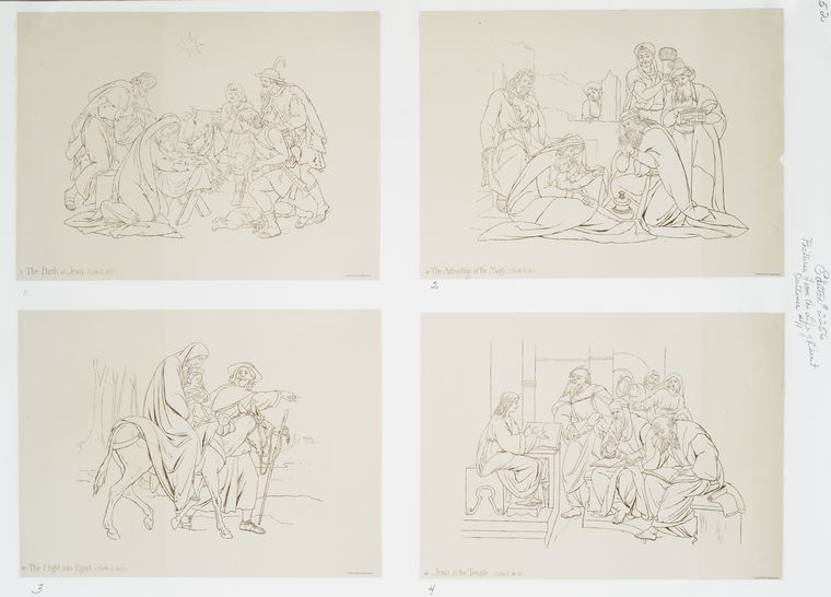 Pictures from the life of Christ, outlines : The birth of Jesus ; The adoration of the magi ; The flight into Egypt ; Jesus in the temple.