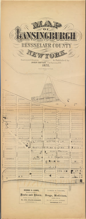 Map of Lansingbugh, Rensselaer County, New York, Surveyed drawn and published by John Beven, City surveyor, New York, 1872. Including  [Map bounded by Clinton St., Waterford St.]