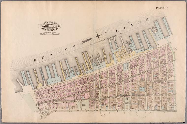 Plate 2: Bounded by West Street, (Hudson River, Piers 1-21), Reade Street, Broadway, and Battery Place