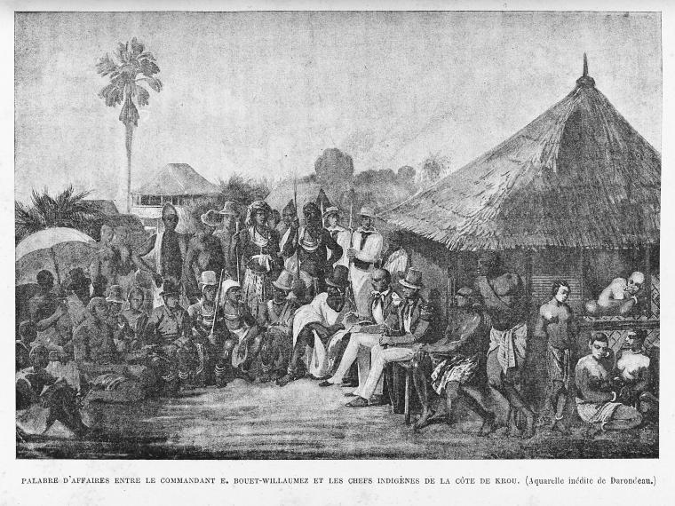 Palabre d'affaires entre le commandant E. Bouët-Willaumez et les chefs indigènes de la côte de Krou. (Aquarelle inédite de Darondeau.)