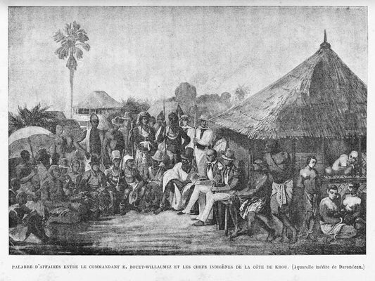 Palabre d'affaires entre le commandant E. Bouët-Willaumez et les chefs indigènes de la côte de Krou. (Aquarelle inédite de Darondeau.)